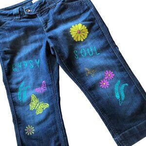 Upcycled Hippie Capris Jeans, Painted Summer Denim Trousers, Size 12